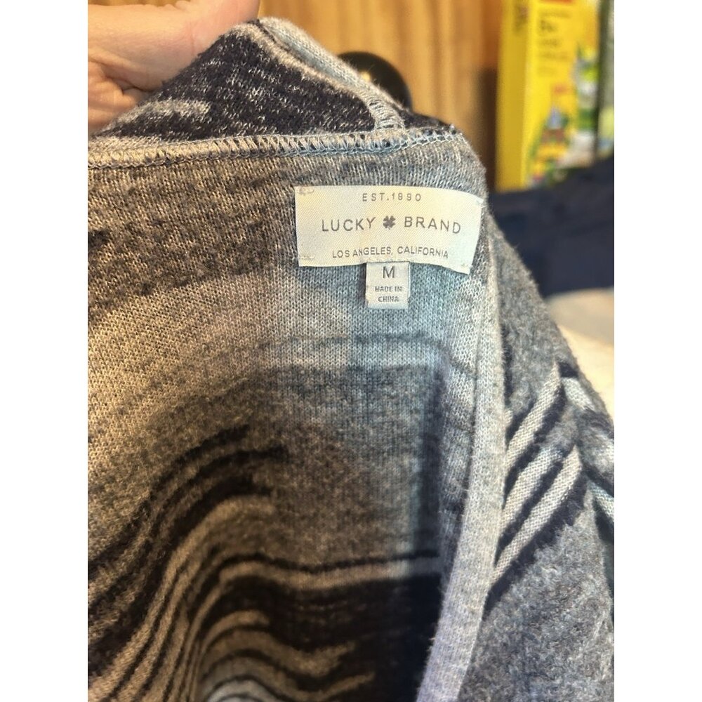 LUCKY BRAND Aztec Drape Open Front Cardigan Sweater Black & Gray Knit Sz‎ M - Picture 8 of 11